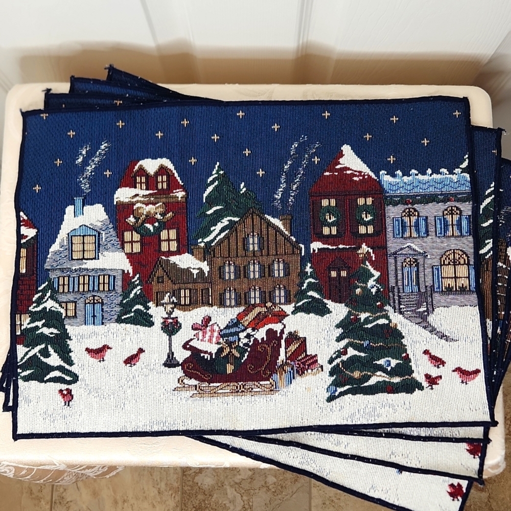 Christmas holiday winter village scene woven placemats kitchen set of 4